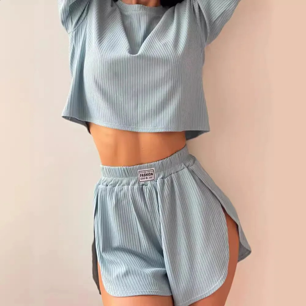 Linen Knitted Pajamas For Women 2 Piece Sets Loose Short Sleeve O Neck Crop Top Casual Female Suits With Shorts Summer Sleepwear 250213