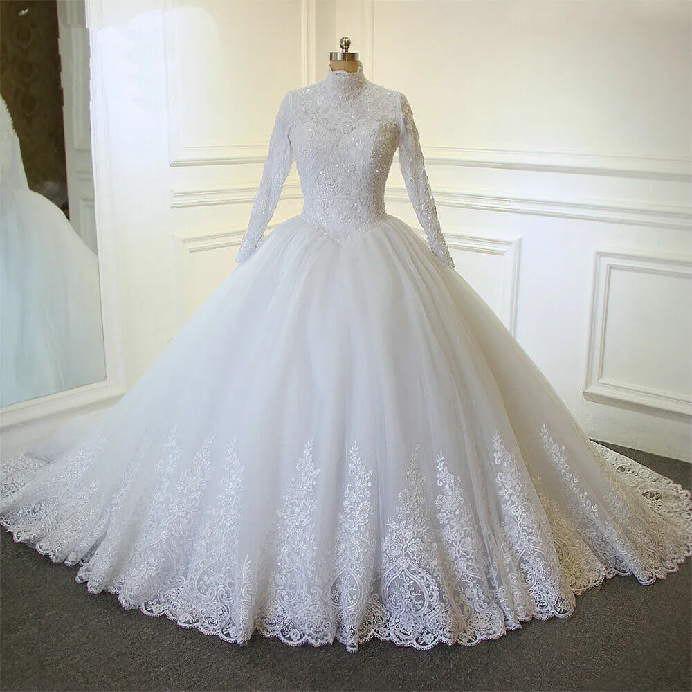 Modest Muslim Wedding Dresses Long Sleeves High Collar Ivory Princess Bridal Gown Lace Appliques Arabic Dubai Vestido De Novia 2025