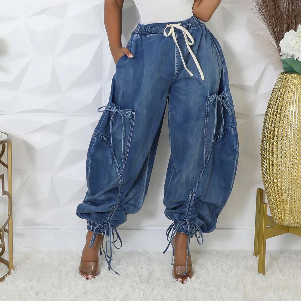 Denim Spliced Lace Up Jeans For Women High Waist Patchwork Drawstring Vintage Loose Pant Female Fashion Clothes New