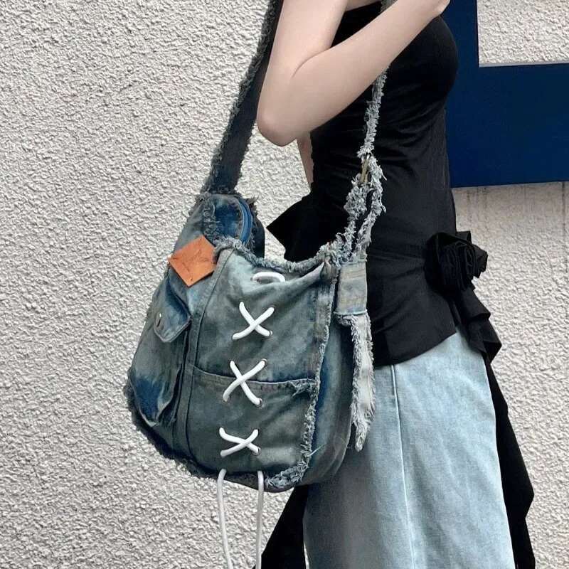 Niche Design Sense Furred Edge Denim Students Commuting Large Capacity Single Shoulder Crossbody Bag Fashion For Women