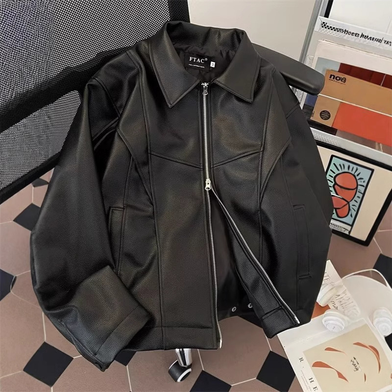 2025S designer with a high-end feel cleanfit black trendy brand men leather jacket handsome spring and autumn American short zipper motorcycle jacket