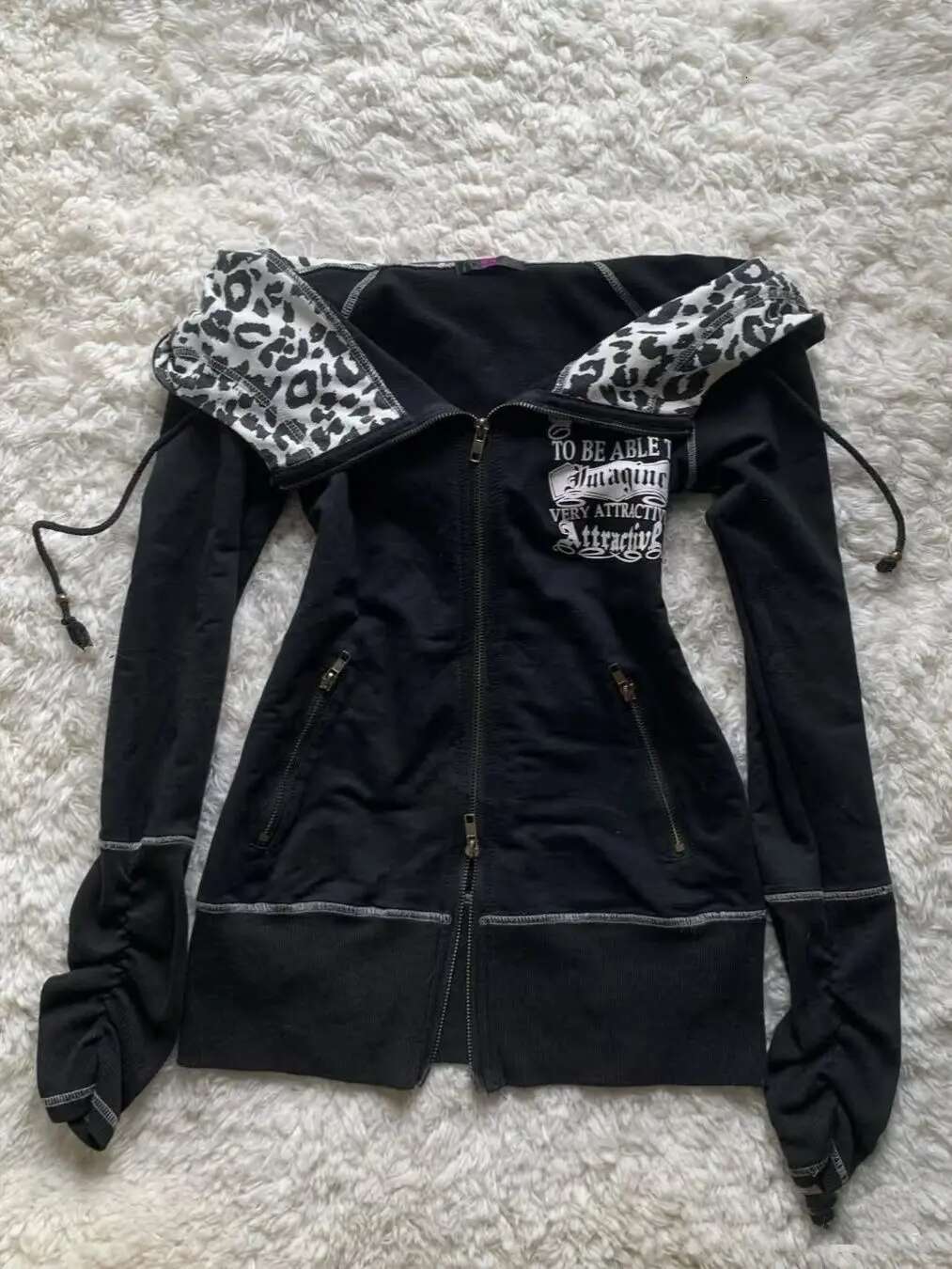 Slim Fit Spicy Girl Vintage Versatile Leopard Printed Black Sweatshirts Gothic Haruku Autumn/winter Cardigans Kawaii Clothes