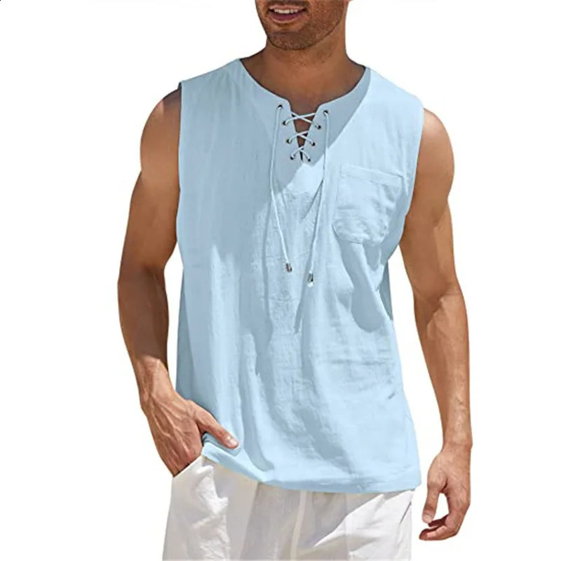 Cotton Linen Shirts Mens Casual Leeveless Vest Bandage Lace Up Blouse Retro V Neck Fashion Loose Shirt Male Solid Color Clothes 250210