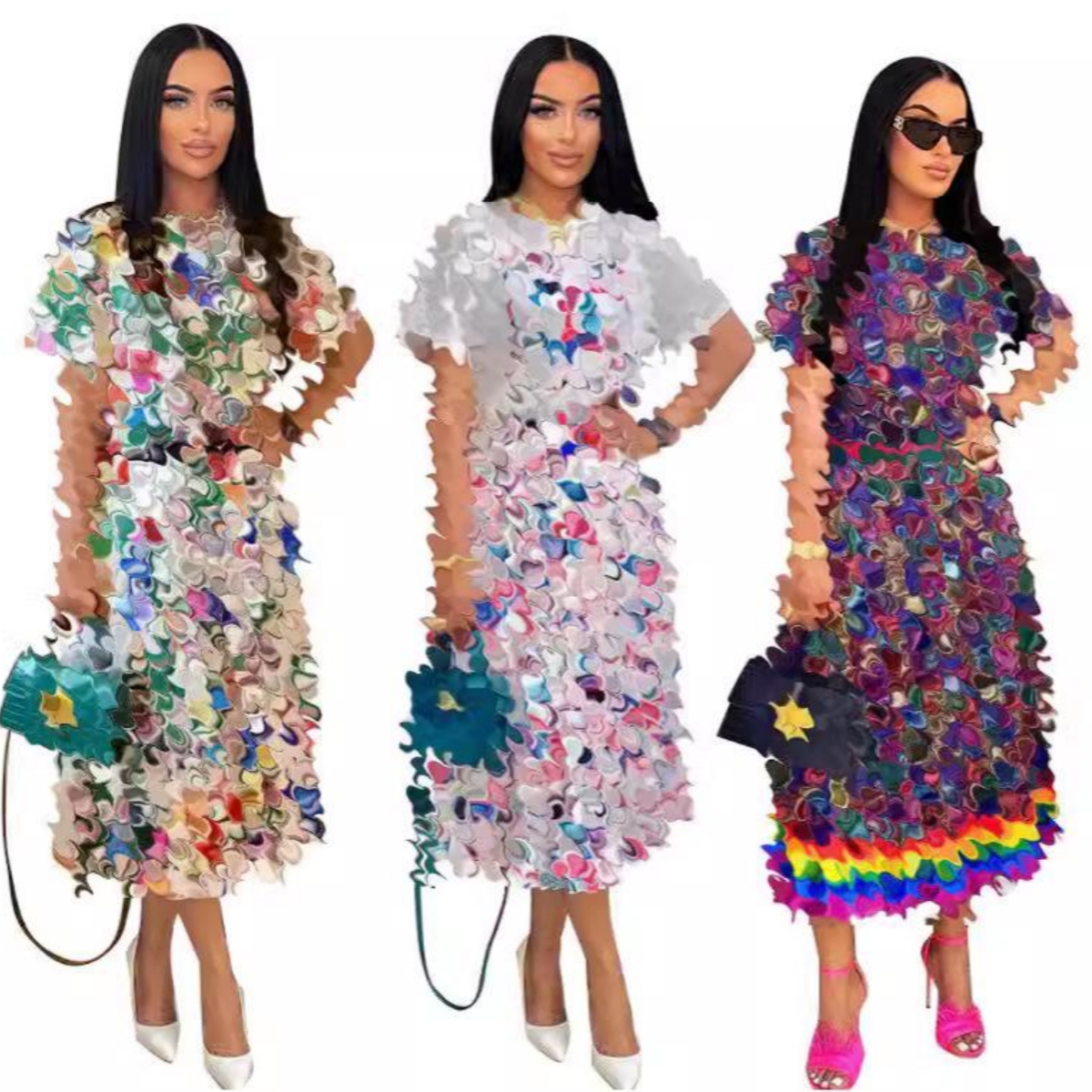 Colorful Two Piece Dress Women Casual T-shirt Top and Pleated Skirt 2Pcs Set Free Ship