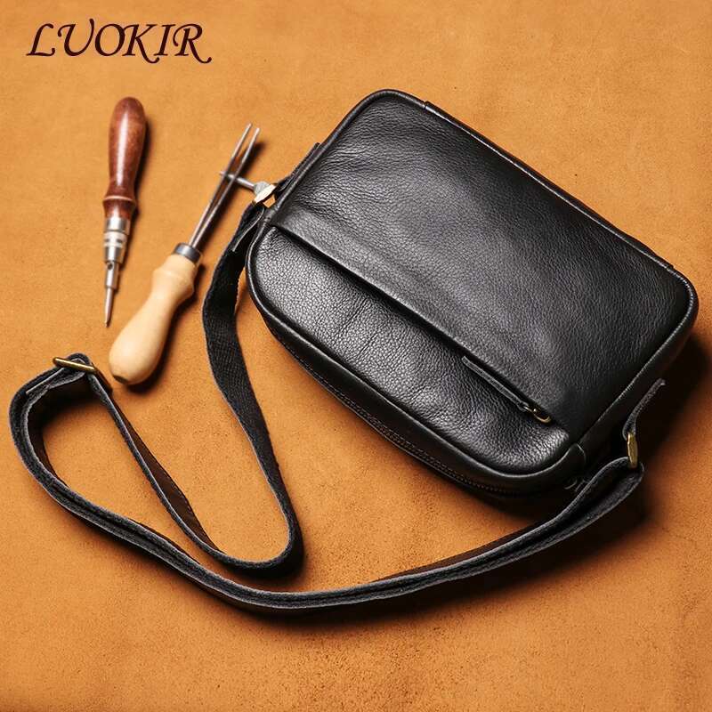 LUOKIR Men's Genuine Leather Crossbody Casual Shoulder Bag Simple First Layer Cowhide Small Bags For 8 Inch Ipad