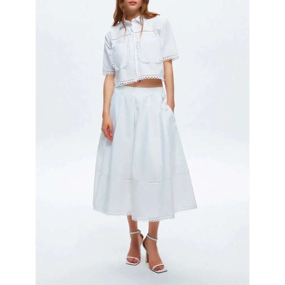Casual Two Piece Set For Women Lapel Short Sleeve Top High Waist A E Skirt Minimalist Sets Female Fashion New