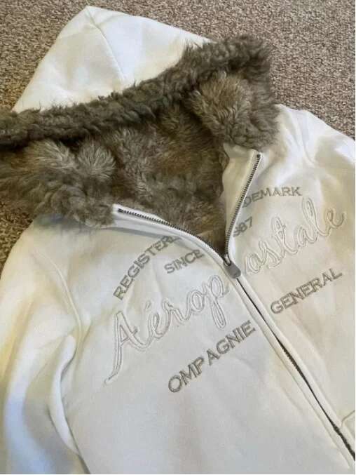 Autumn and Winter Warm Plush White Letter Pattern Fur Collar Hooded Retro Zipper Top Wool Inner Jacket Sweatshirt