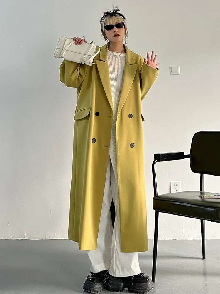 Yellow Big Size Length Blazer Women New Notched Long Sleeve Loose Fit Jacket Fashion Tide Spring Autumn 2025 30A1839