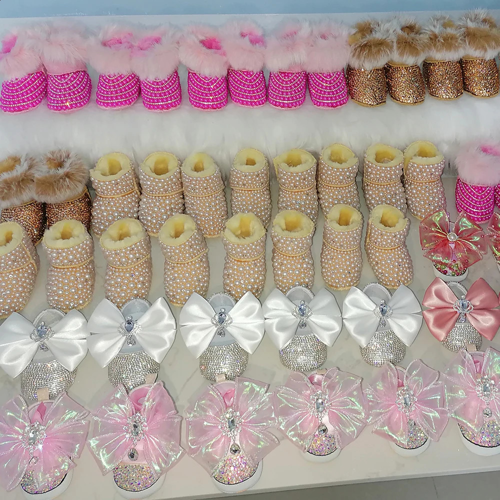 Handmade Bow Hairband Rhinestones Baby Girl Snow Boots Winter Shoes Comb First Walker Sparkle Bling Crystal Princess Shower Gift 250214