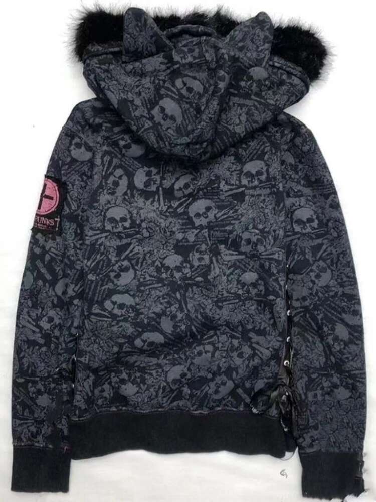 Goth Skull Print Y2k Hoodies Jackets Women Vintage Haruku Aesthetic Grunge Fur Patchwork Hooded Jacket Fairy Zipper Coat
