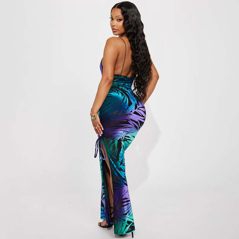 New European and American women's sexy camisole slim fit backless strap side slit long dress 2025 new casual versatile fashion clothing