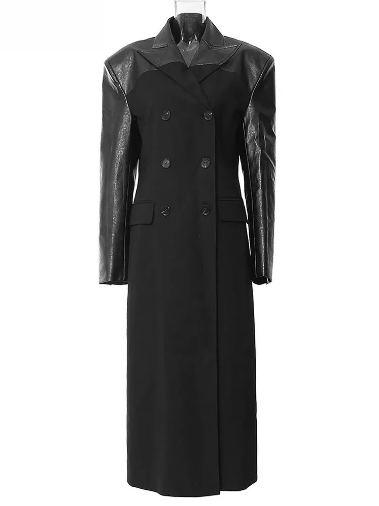 Black Pu Leather Spliced Elegant Blazer Women New Lapel Long Sleeve Jacket Fashion Tide Spring Autumn 2025 1Dh4168