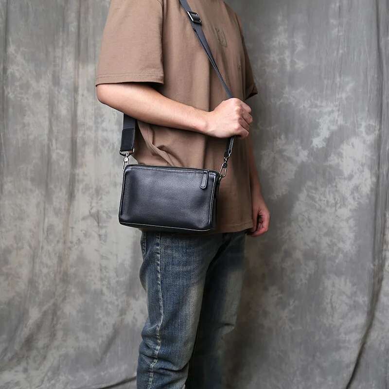 Men Top Layer Cowhide Shoulder Business Casual Leather Men's And Women's Small Square Zipper Bag Horizontal Handbag