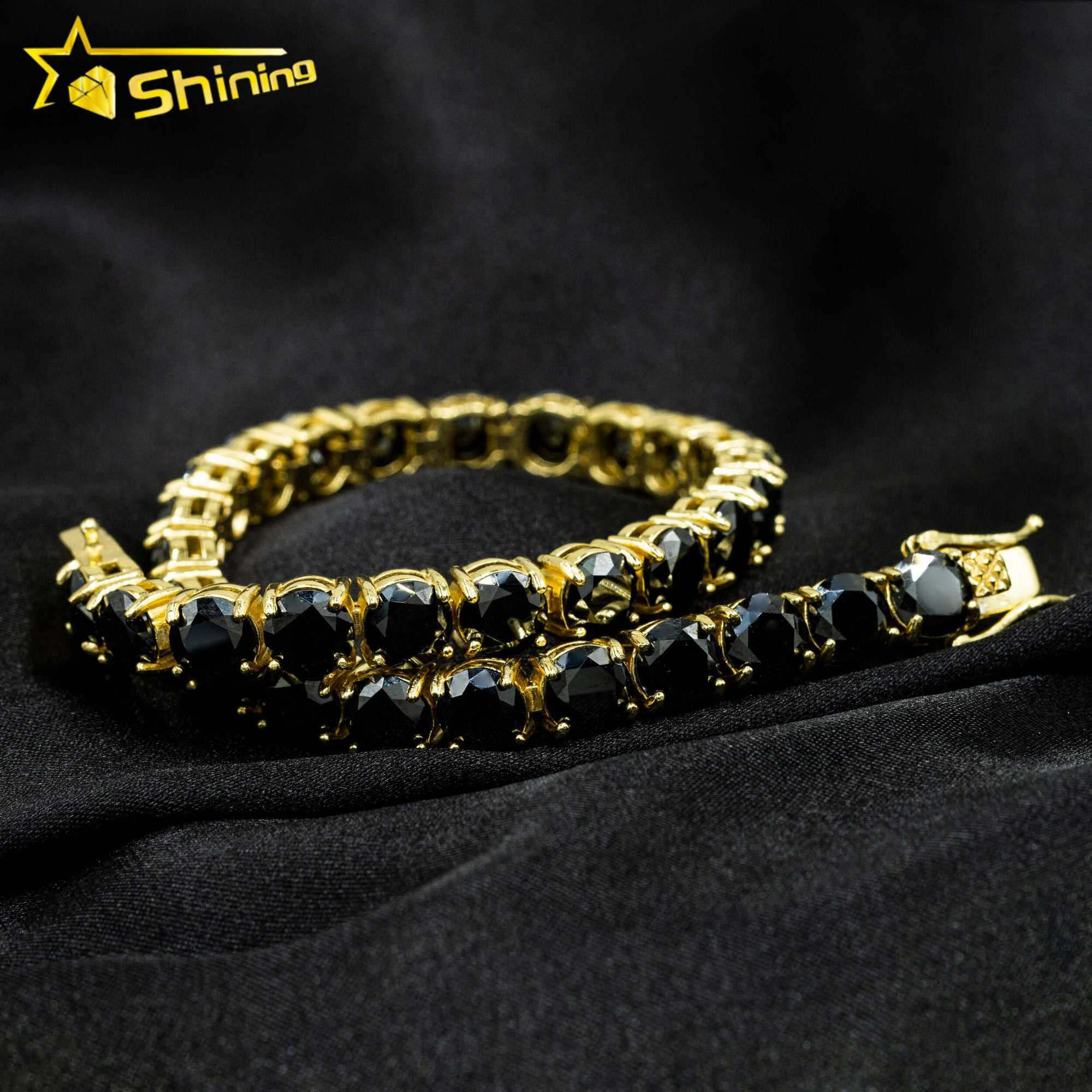 18k Yellow Gold Plated 3mm 4mm 5mm 6.5mm Black Moissanite Tennis Chain 925 Sterling Silver Men Women Tennis Necklace Bracelet