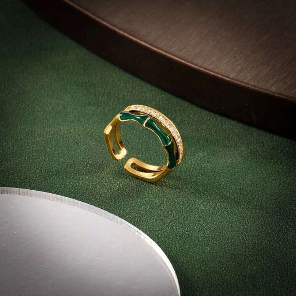Hot sale Designer ring for women Chinese style green bamboo knot gold-plated Mozambique diamond high-end open ring luxury jewelry party gift wedding f