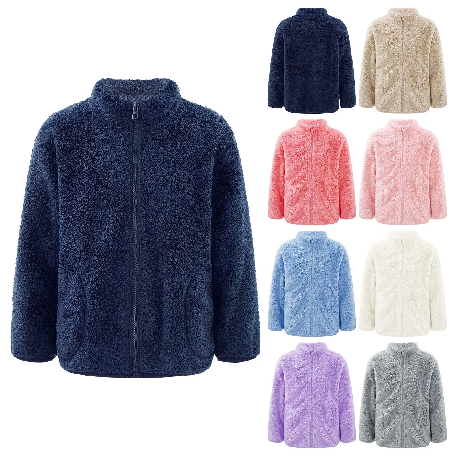 Girl and boy warm wool jacket with full zipper turtle neck top autumn and winter jacket with pockets 2-12 years 250214