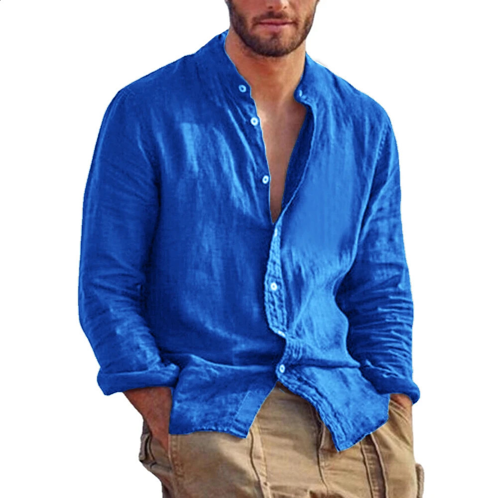 Mens Solid Color Long Sleeve Shirt Linen Cotton Shirts Trend Plus-size Stand Collar Casual Lightweight Beach Tops 250210