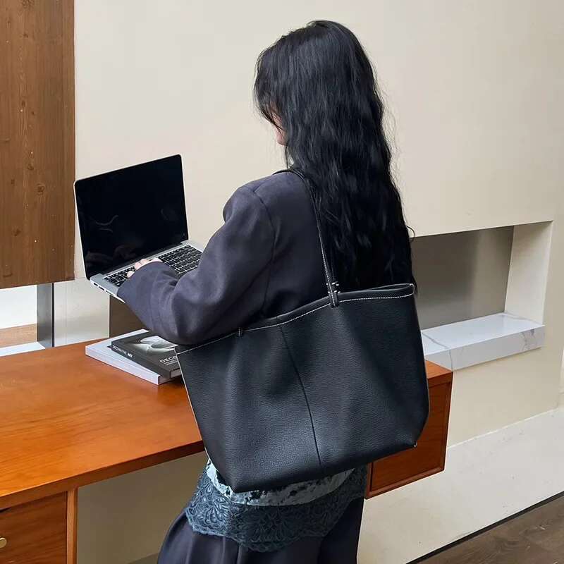 Women's Autumn/Winter Large Capacity Genuine Single Shoulder Tote Bag New Style High-End Feel Top Layer Cow Leather