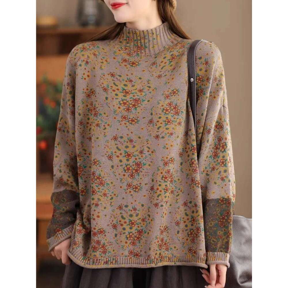 Pullover Mock Neck Long Sleeve Patchwork Print Ral 2024 Spring New Knitted Cotton Women Sweaters