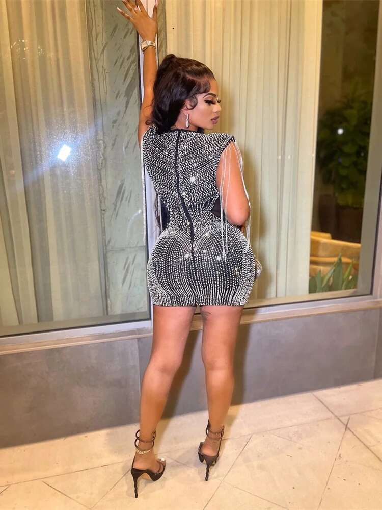 Weird Puss Mesh Patchwork Women Dress Chic Dias Tassel Sleeveless Slim Bag Hip Elastic Sexy Streetwear Nightclub Partywear