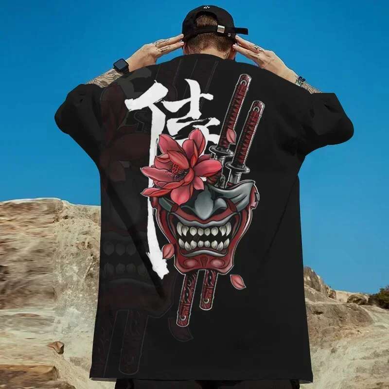 2024 Hot Japanese Ghost Warrior Print Hip Hop Oversized T-Shirt Men's Clothing Retro Street Top