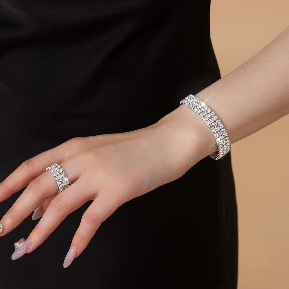 Hot sale Designer bracelet ring set Cross border European and American fashion elastic rhinestone bracelet elastic ring luxury jewelry Wedding designe