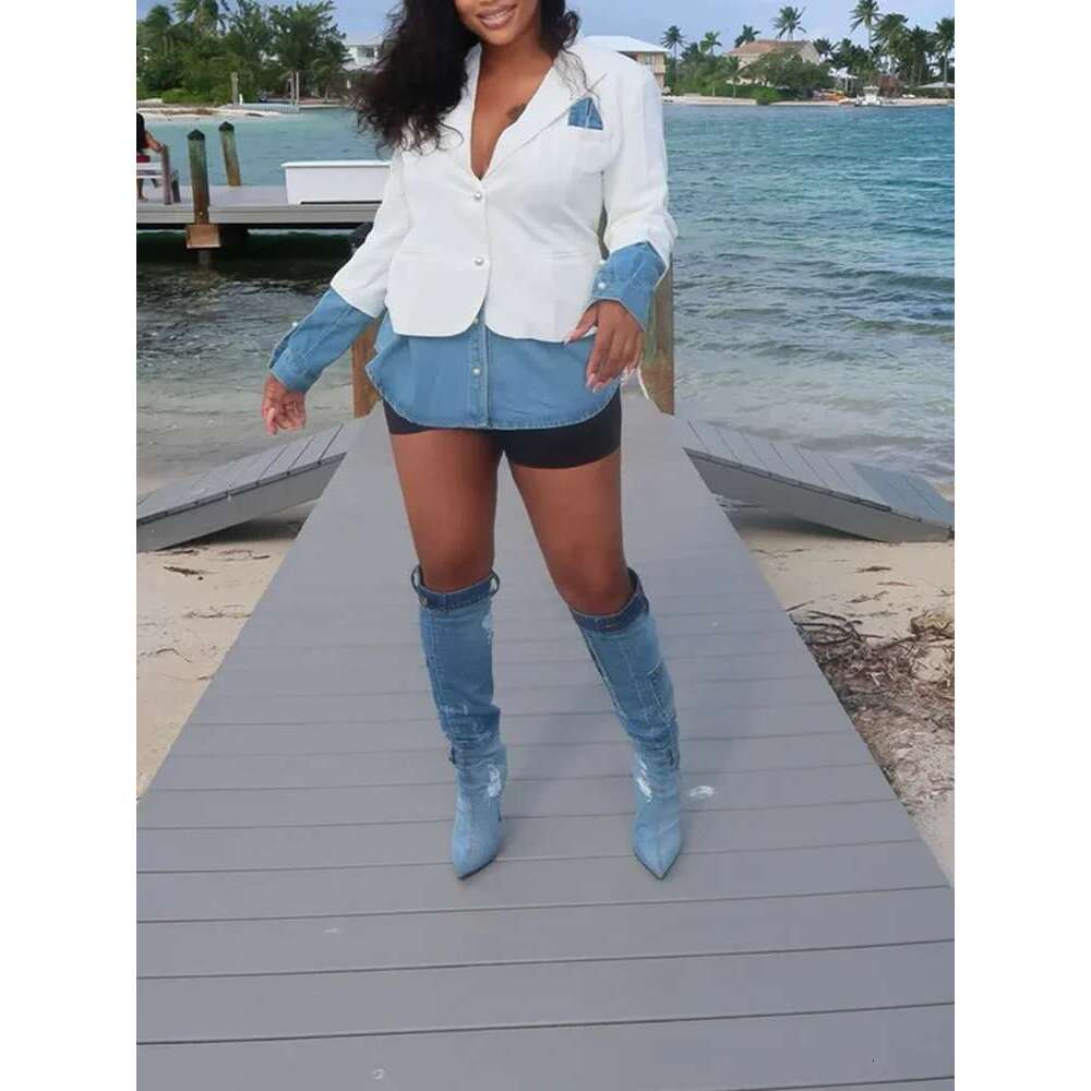 Casual Patchwork Denim Blazers For Women Notched Collar Long Sleeve Hit Color Fashion Design Blazer Female Clothing Style