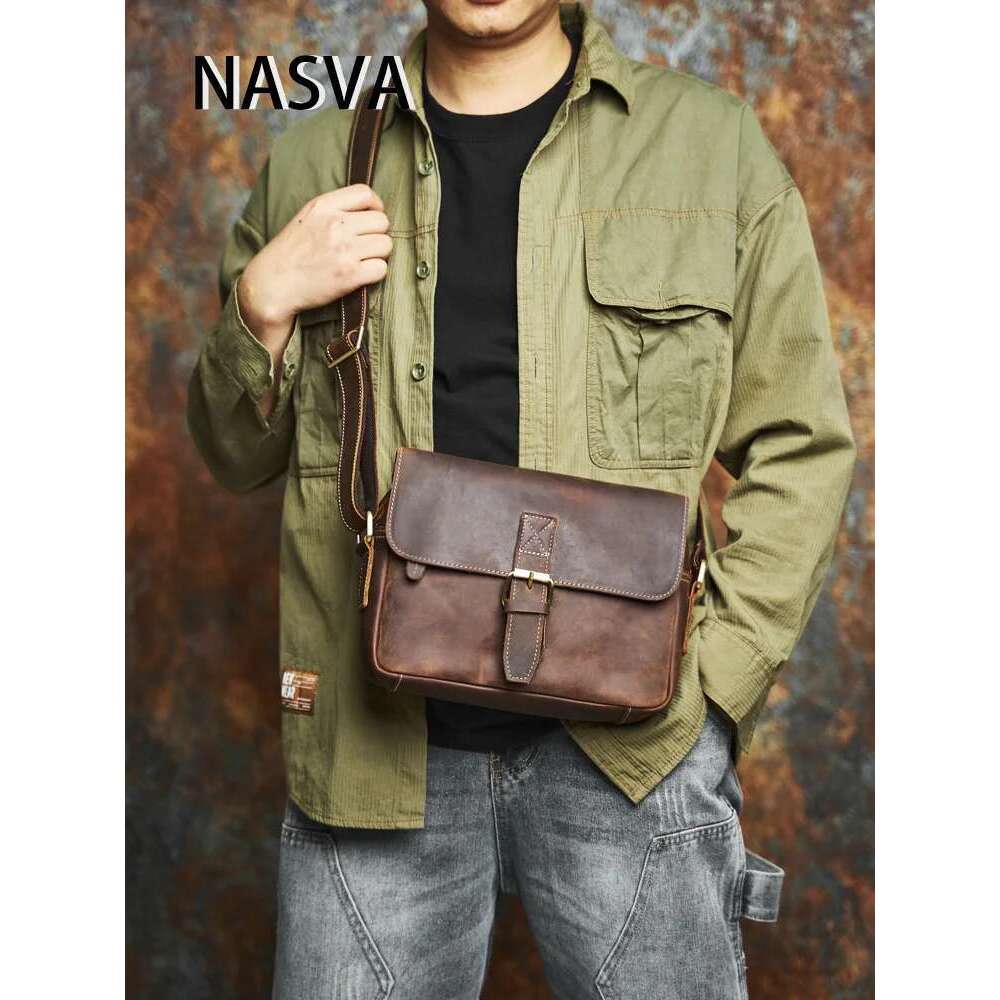 NASVA Genuine Leather Men's Shoulder Vintage Small Crossbody Casual Messenger Outdoor Sports Bag