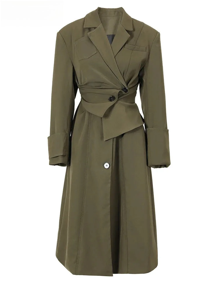 Dark Green Irregular Trench Women Big Size New Lapel Long Sleeve Loose Fit Windbreaker Fashion Spring Autumn 2025 1De27950