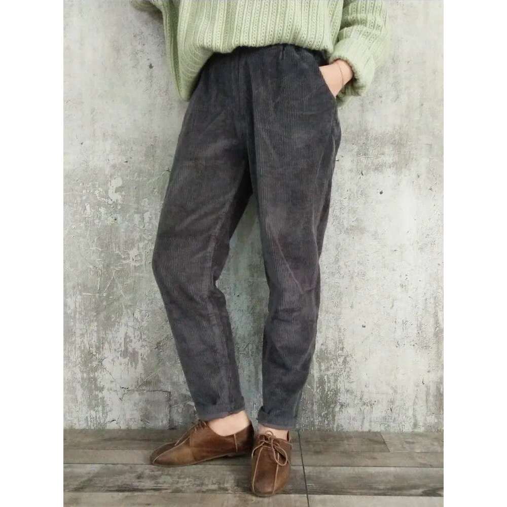 Corduroy For Elastic Waist Solid Color Trouser 2025 Spring New Women Cloths Pockets Casual Pants