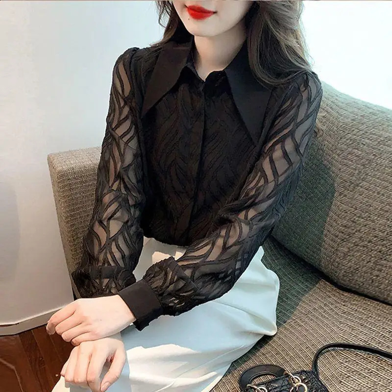 Polo Neck Black Chiffon Shirt Womens Niche Retro French Long-sleeved Top 250210