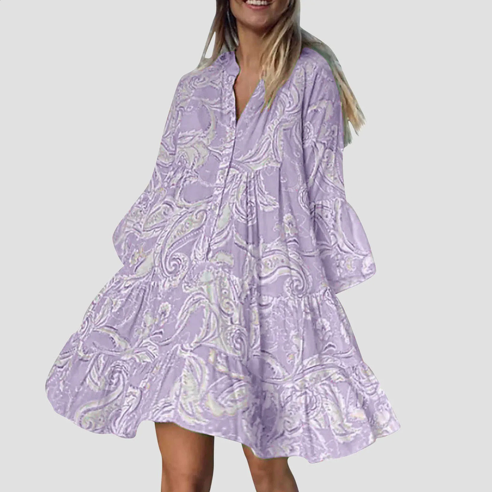 Fashion Summer Dresses Womens Summer Casual V Neck 3/4 Sleeve Boho Print Beach Dress Flowy Swing Vacation Womens Dresses 250213