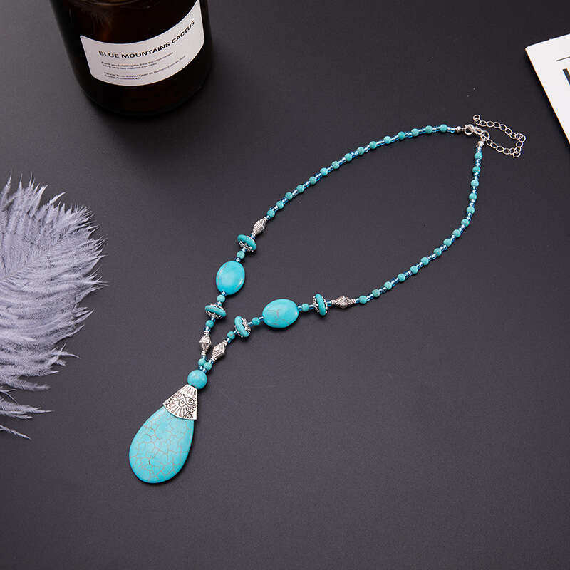 Fashionable Bohemian Droplet Pendant Short Necklace Turquoise Handmade Collar Chain for Women