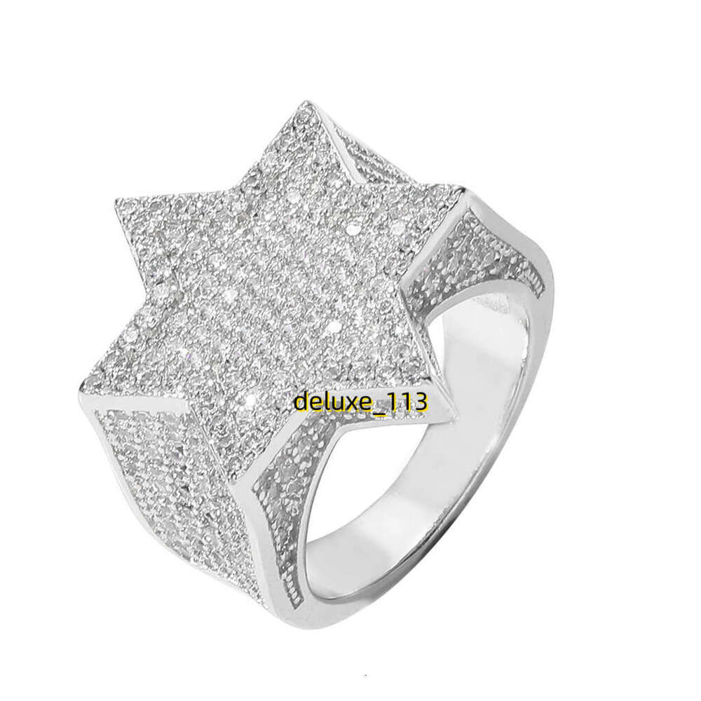 Green Five pointed Star Hexagonal Ring Moissanite Personalized Men's Hip Hop Accessories