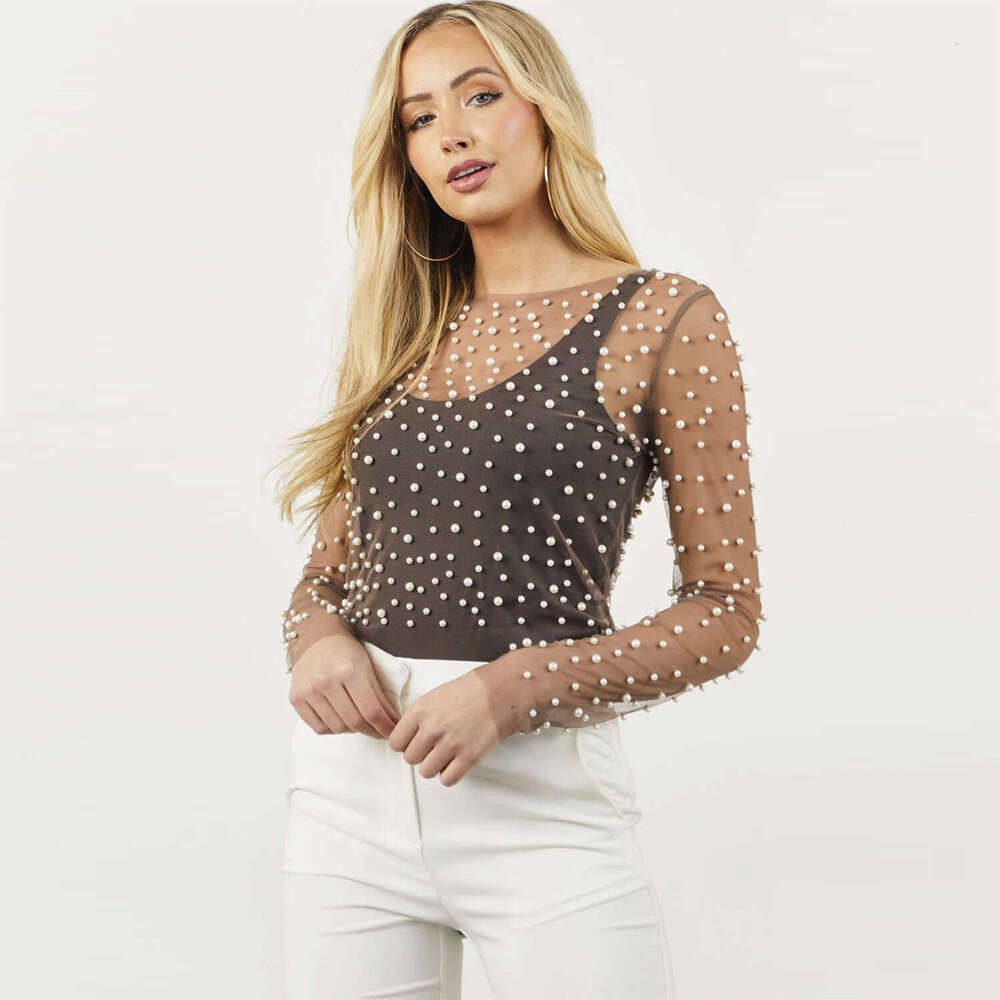 Spring/Summer Hot selg Bubble Bead Perspective Mesh Long Sleeve Top for Women's 2025 Style Versatile New Trendy Clothing Ins