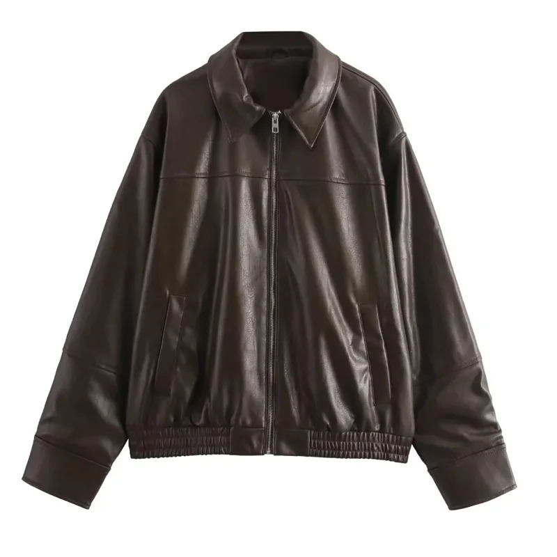 TRAF Womens Jackets Cropped Faux Leather Jacket Women Autumn Long Sleeve Black Bomber Fashion DemiSeason 250211