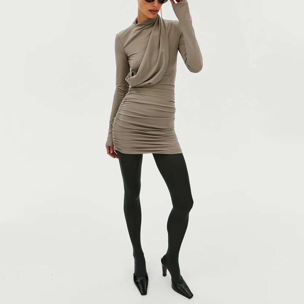 Cotton Women's Y2k Hitching Piece Design Pleated Slim Elegant Commuter Standing Collar Long Sleeve Dress 2025 Spring New