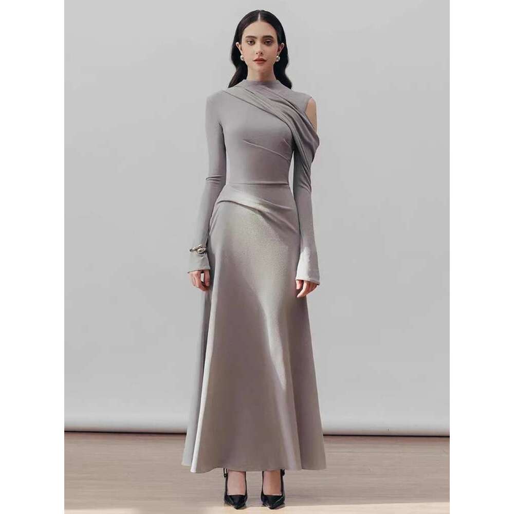 Elegant Women's Dress Half High Collar Hollow Out Asymmetric Long Sleeves Mid-Calf Party Dresses 2025 Spring New