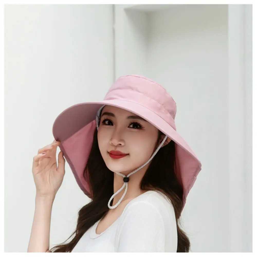 Summer Hats for Women Outdoor UV Anti Neck Protection Sun Visors for Lady Fishing Hiking Wide Brim Shawl Sunscreen Ponytail Cap W250217