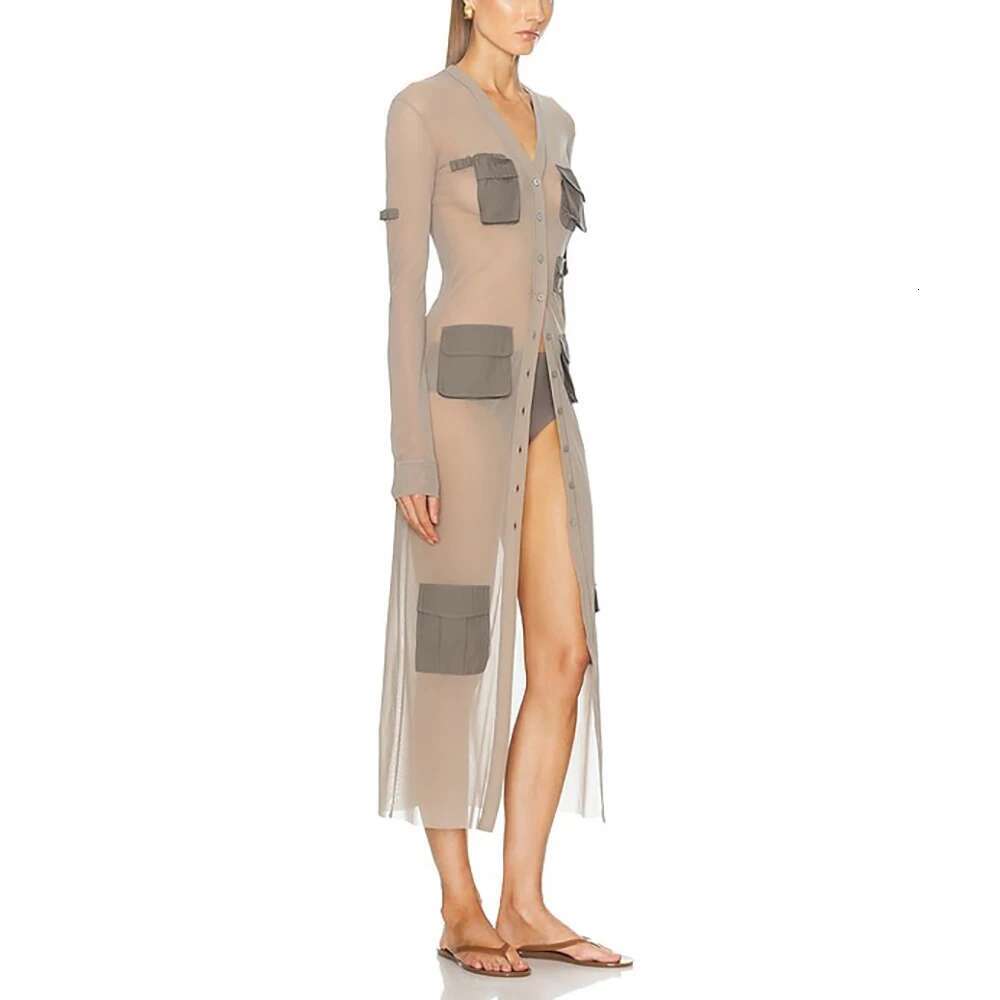 Pocket Decoration Cotton Women's Y2k See-Through Mesh Elegant Commuter Single Breasted Long Cardigan Dress 2025 Fall New