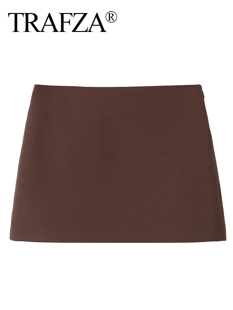 TRAFZA Women Mini Skirt Sets ONeck Pocket Decorate Solid Casual Short CoatHigh Waist Zipper 2 Piece Set Outfit 250214