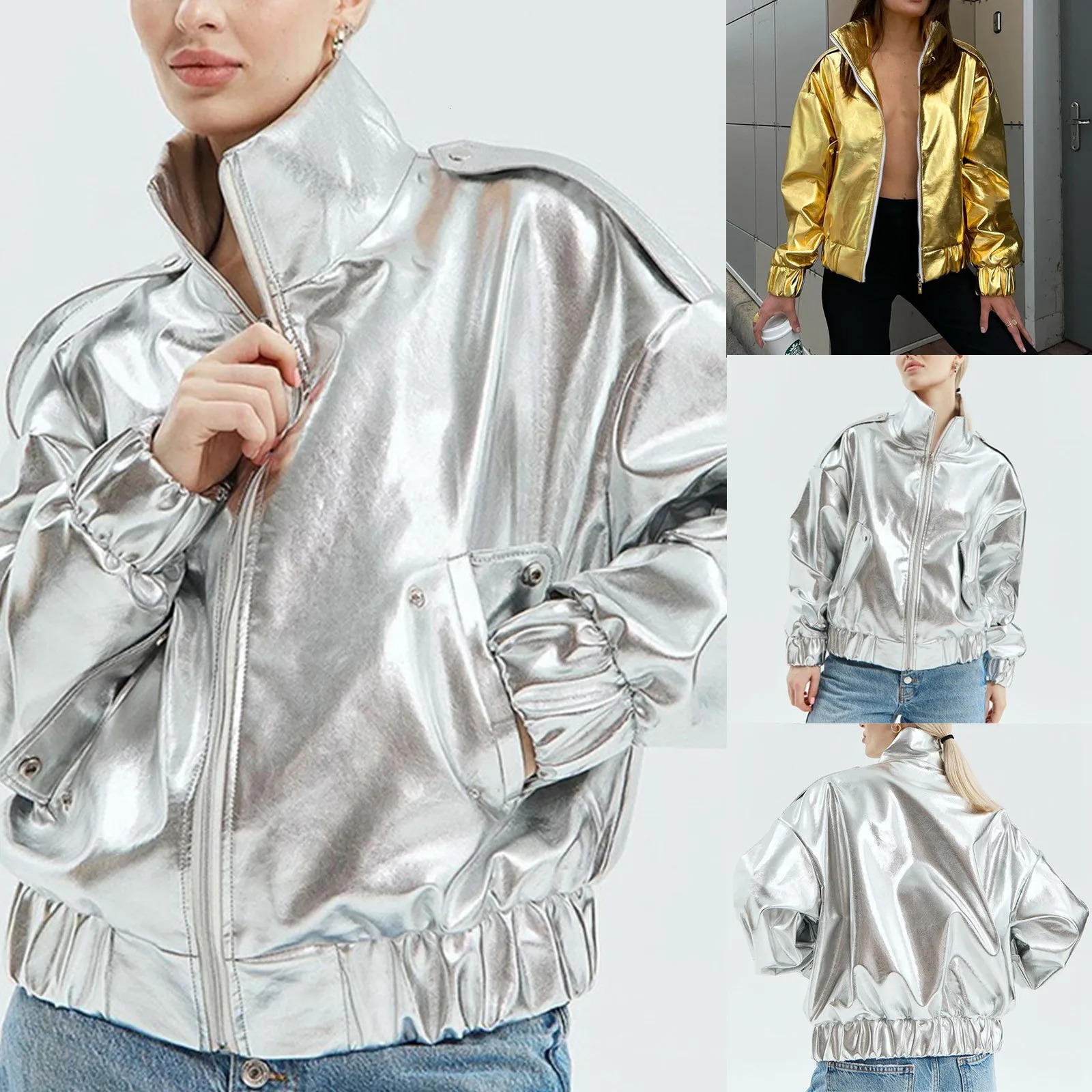 Women Shiny Gold Silver Pu Leather Jacket Stand Collar Turtleneck Loose Fit Jackets Coat With Pockets Autumn Streetwear 250211