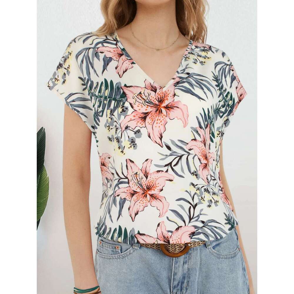 Women All Over Ral Print V Neck Batwing Sleeve Blouse Ladies Tops Shirts