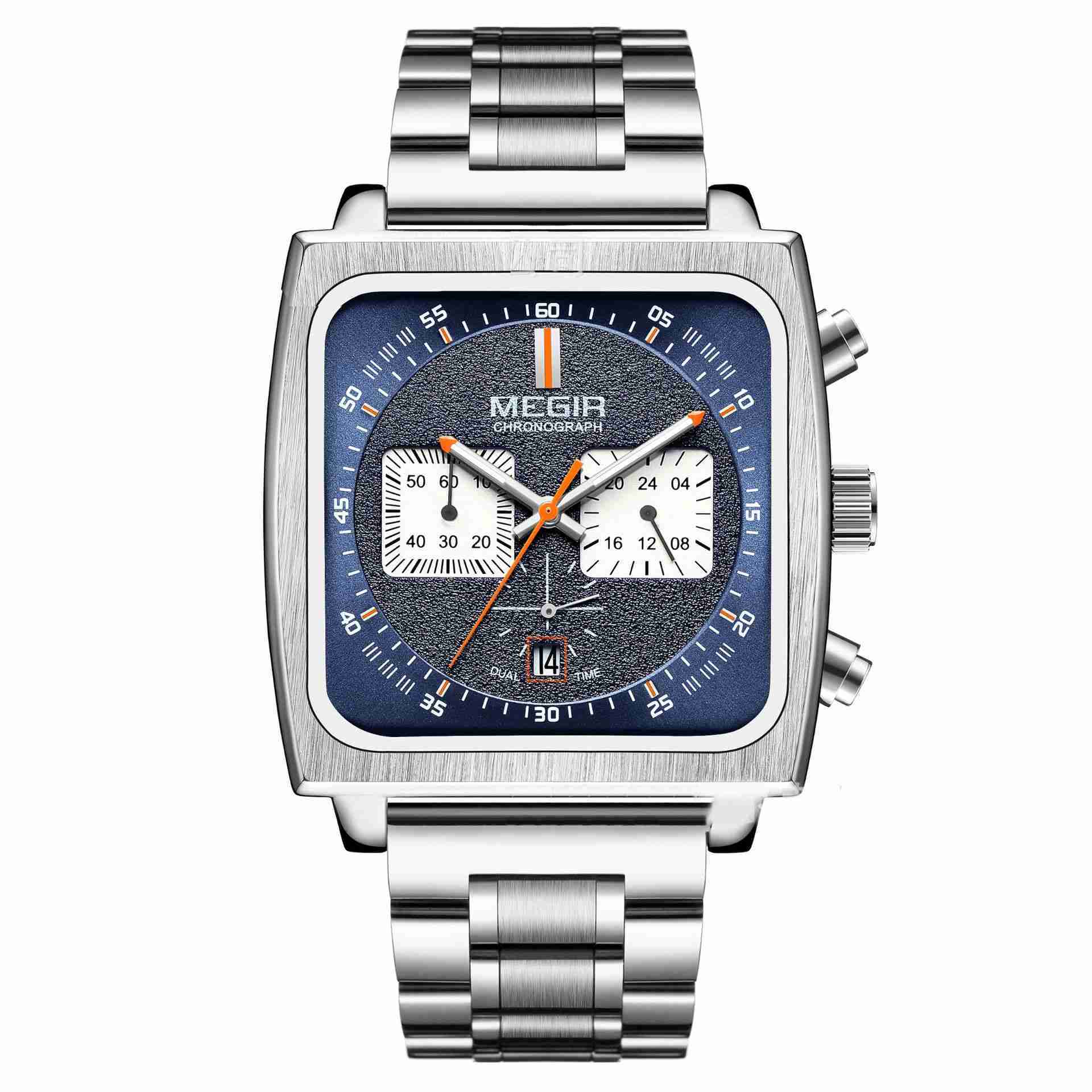 MEGIR Calendar Waterproof luminous multi-functional Men's Watch Square belt steel belt Quartz Watch 2182 W250104