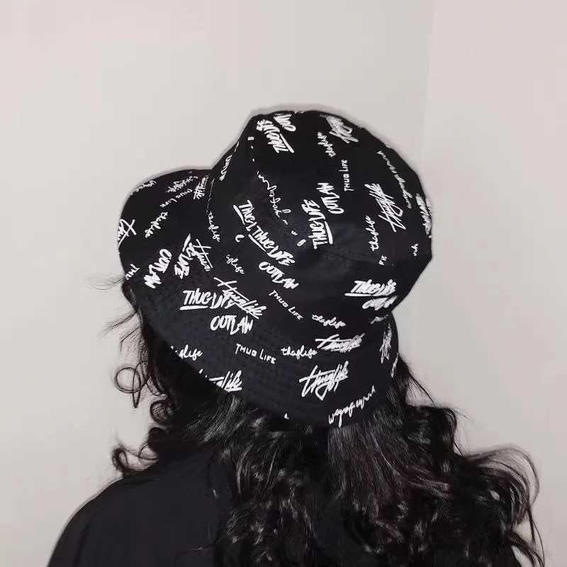 Double sided womens bucket hat Japanese graffiti letter outdoor sun hat unisex wide brown folding fisherman glasses W250217