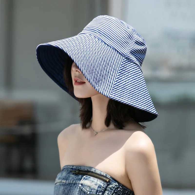 Women Striped Double-side Wear Bucket Hat Wide Brim Fordable Sun Protection Panama Caps For Girls Outdoor Beach Tour Fishmen Cap W250217