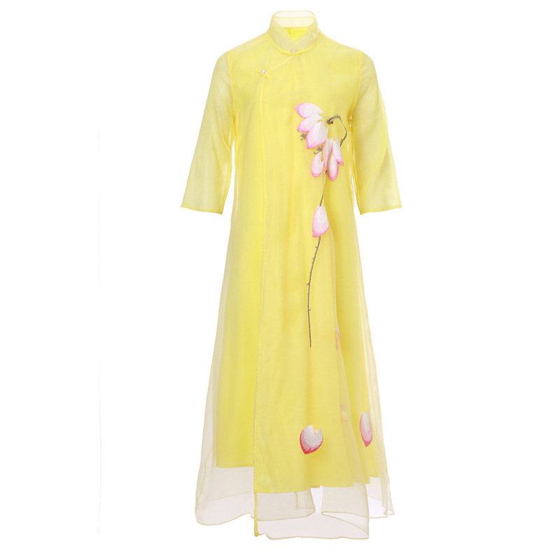 H176110 Women's Art Retro Chinese Style Dress Spring and Summer Improved Lotus Embroidery Dress 6815