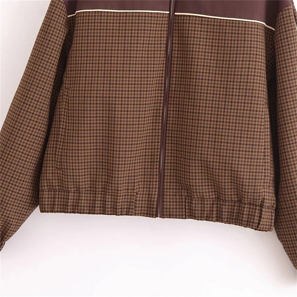 UNIZERA Retro Loose Plaid Splicing Zipper Jacket AutumnWinter Casual Collar Long Sleeve for Women 250211