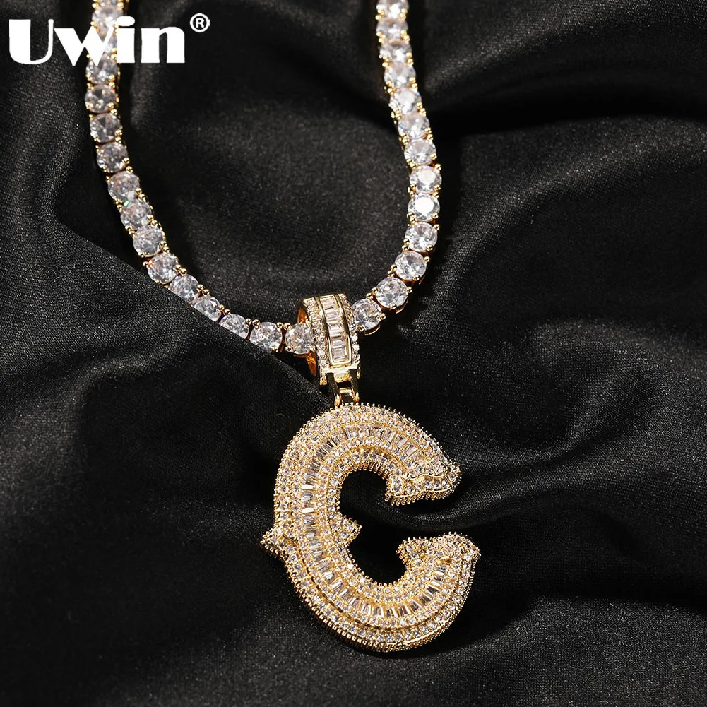 UWIN Initial Letter Pendant Necklace for Women Men Iced Out baguettecz Zircon Charms with Tennis Chain Hip Hop Jewelry for Gift 250214