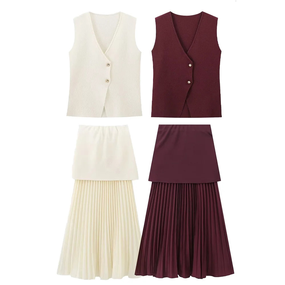 Zach Ailsa AutumnWinter Womens Single breasted Knitted Vest High Waist Splicing Mid length Skirt Fashion Set 250214